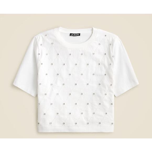 J. Crew Tops - J. Crew Relaxed Lattice Embellished Cropped T-Shirt White Size Medium